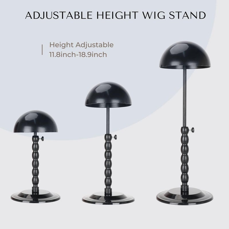 lightmay Wig Stand - Plastic Wig Stand 2 Packs Portable Foldable Wig Hat with Velvet Cover Holder Height Adjustable (12-18.8 Inches) Easy to Install Support Wig Display Stand (Black) - Image 2